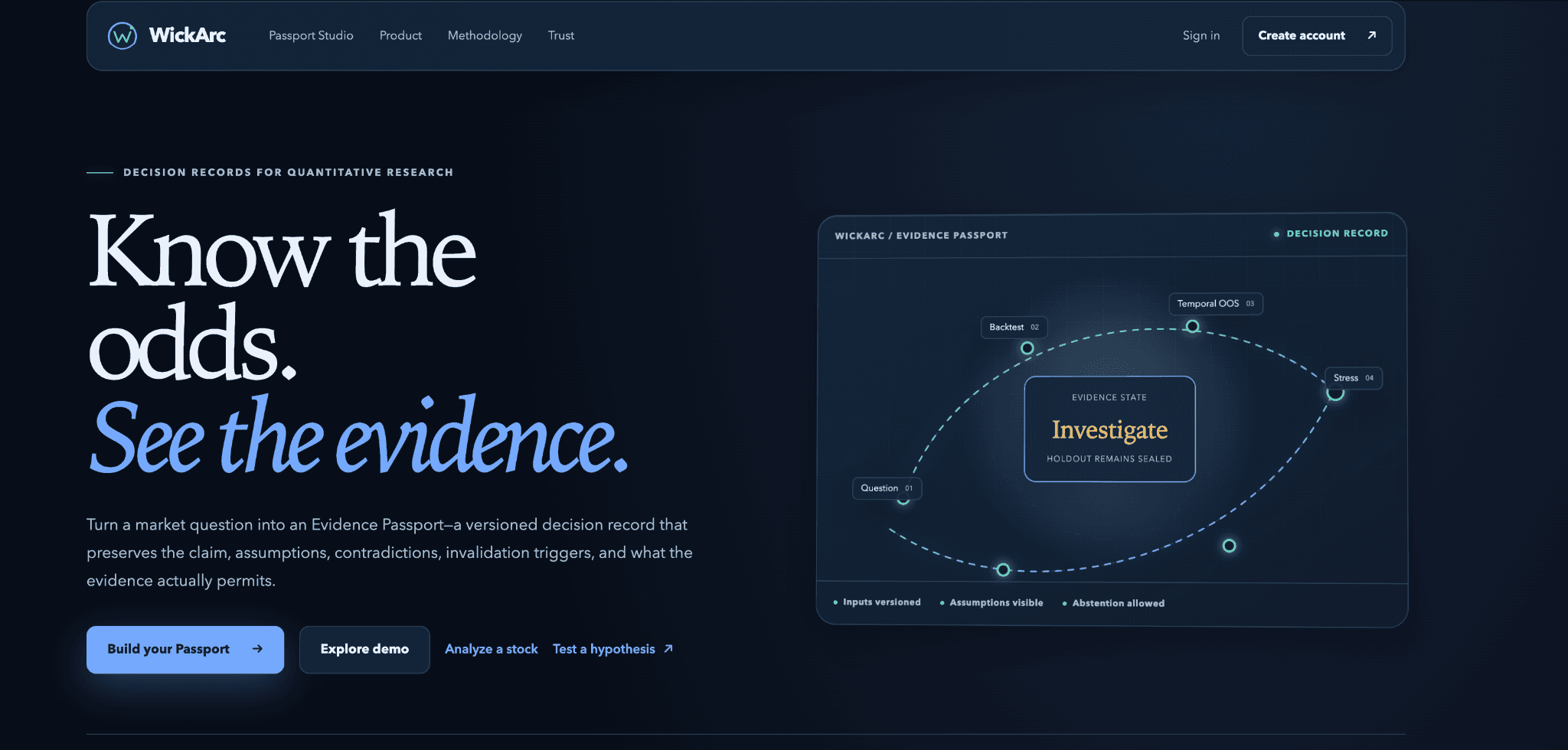 Public WickArc homepage presenting evidence-backed quantitative research and clear limits on recommendations and performance claims.