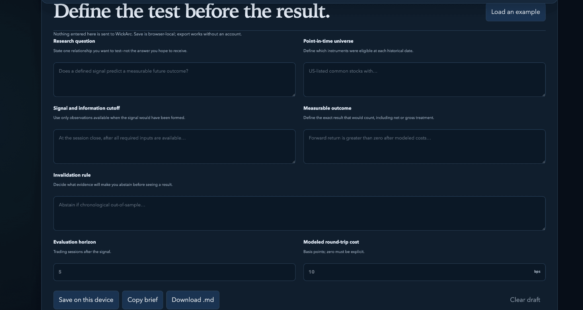 Synthetic WickArc Passport Studio form defining a research question, point-in-time universe, information cutoff, outcome, horizon, costs, and invalidation rule.